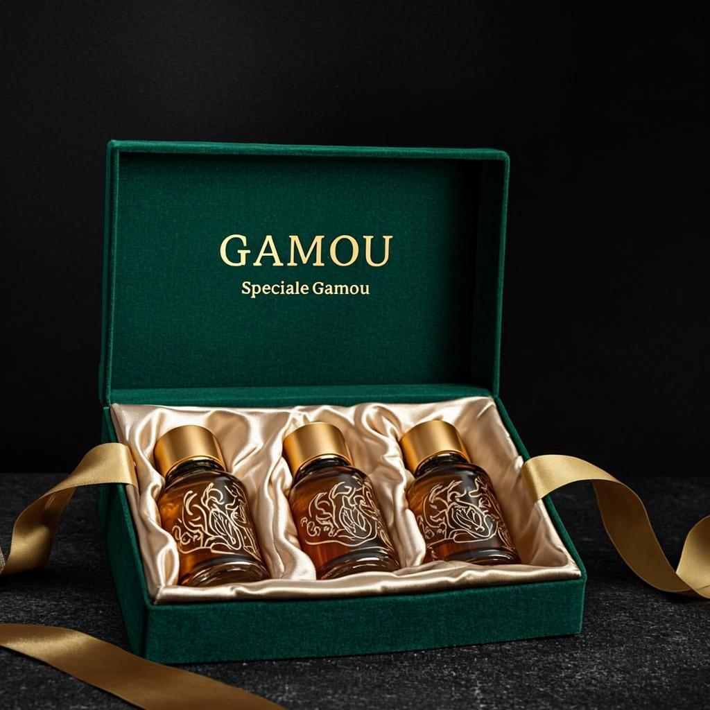 Coffret Velours Vert Trois Flacons — GAMOU — Seydina Muhammad Ṣ.A.W.