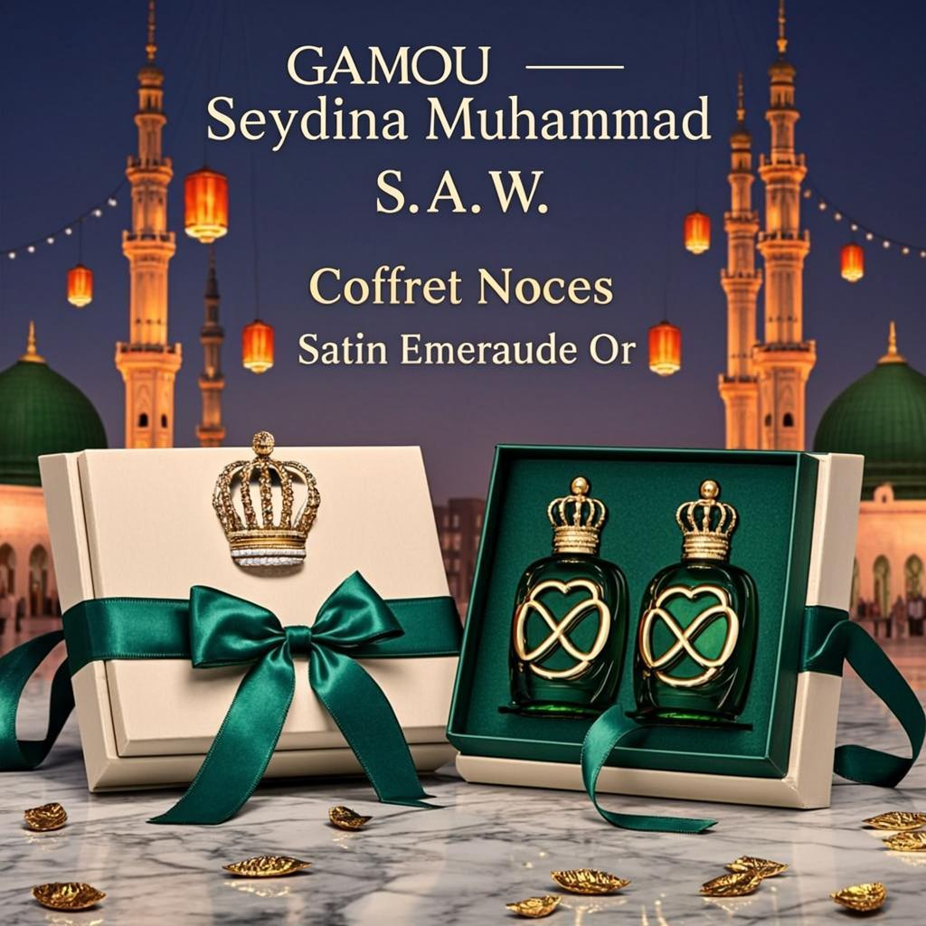 Coffret Noces Satin Émeraude Or — GAMOU — Seydina Muhammad Ṣ.A.W.