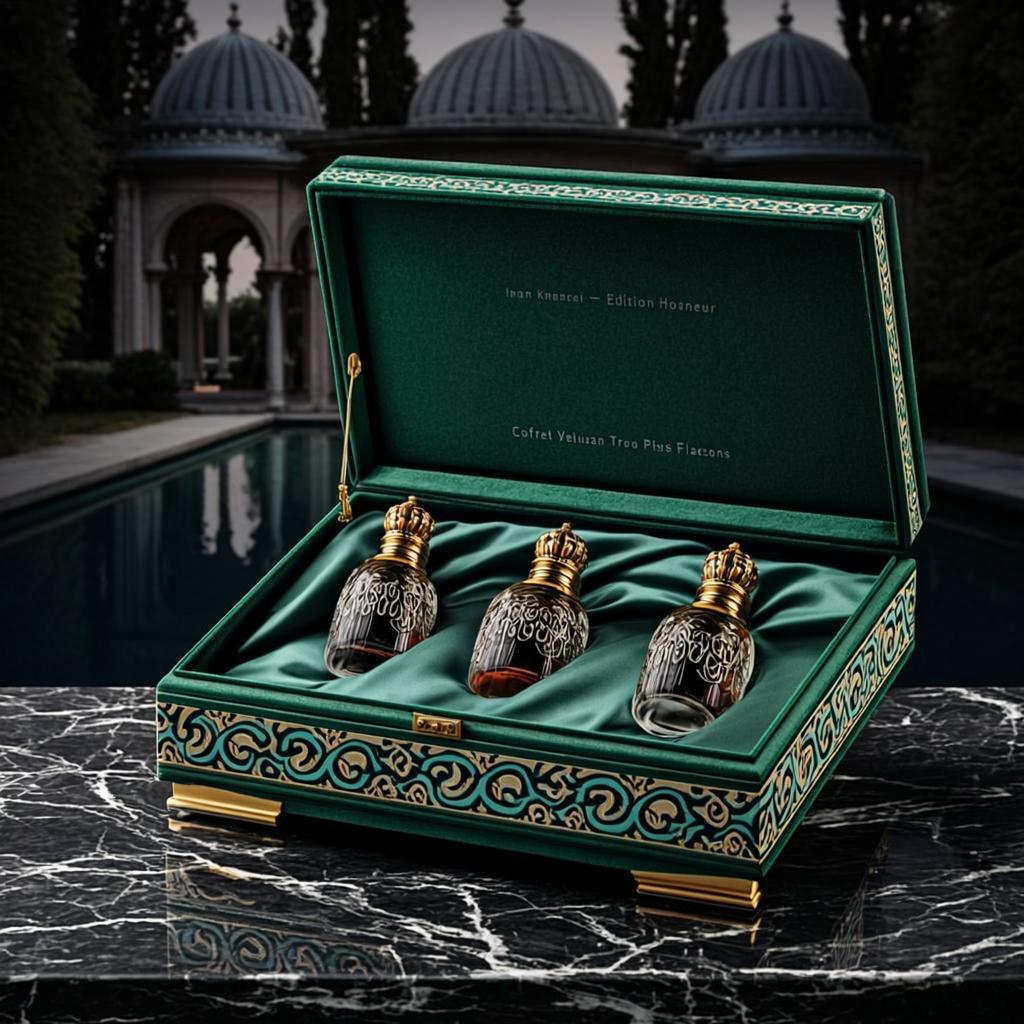 Coffret Velours Persan Trois Flacons — Imam Rohoullah Khamenei — Édition Honneur