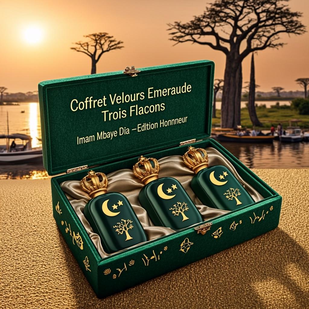 Coffret Velours Émeraude Trois Flacons — Imam Mbaye Dia — Édition Honneur