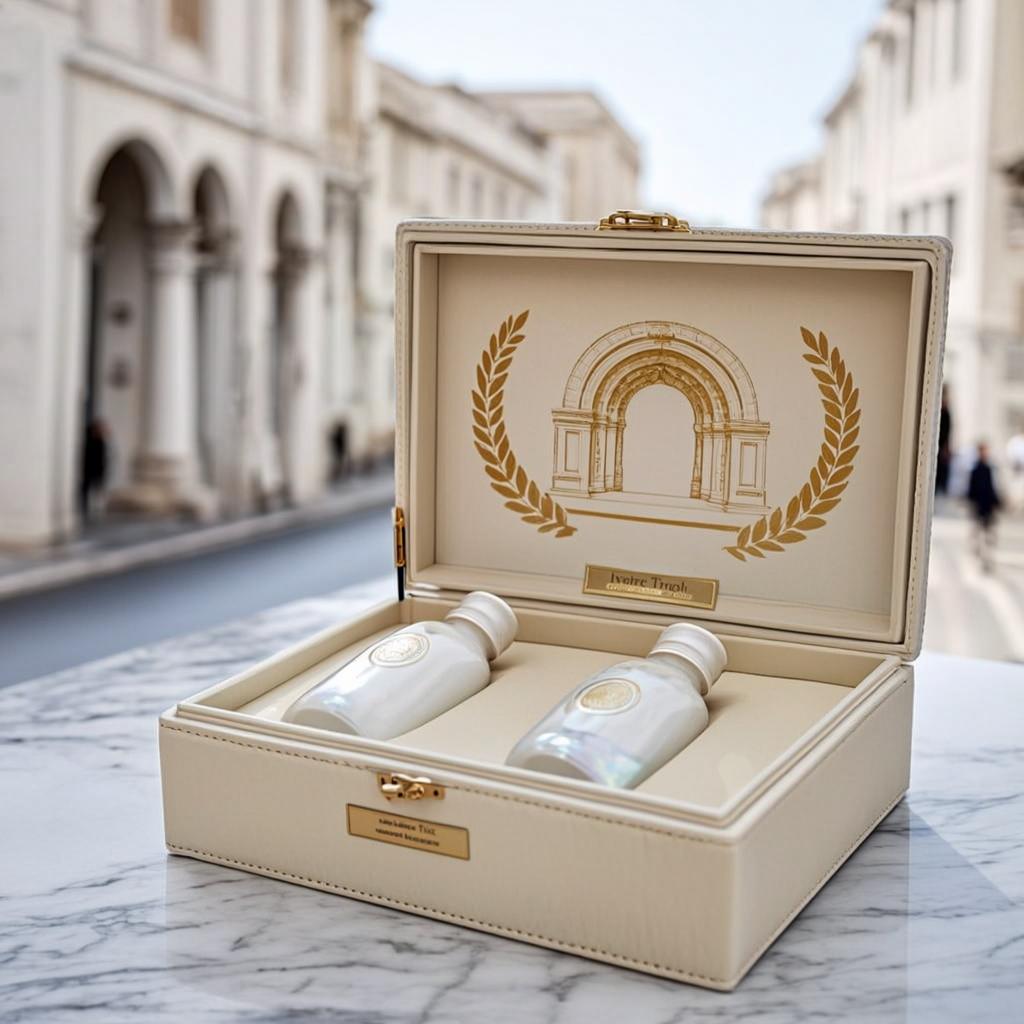 Coffret Cuir Crème Marquage Or — Ivoire Tripoli