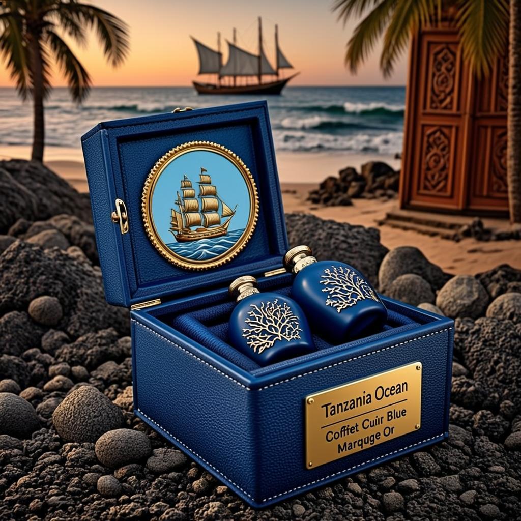 Coffret Cuir Bleu Marquage Or — Tanzania Ocean